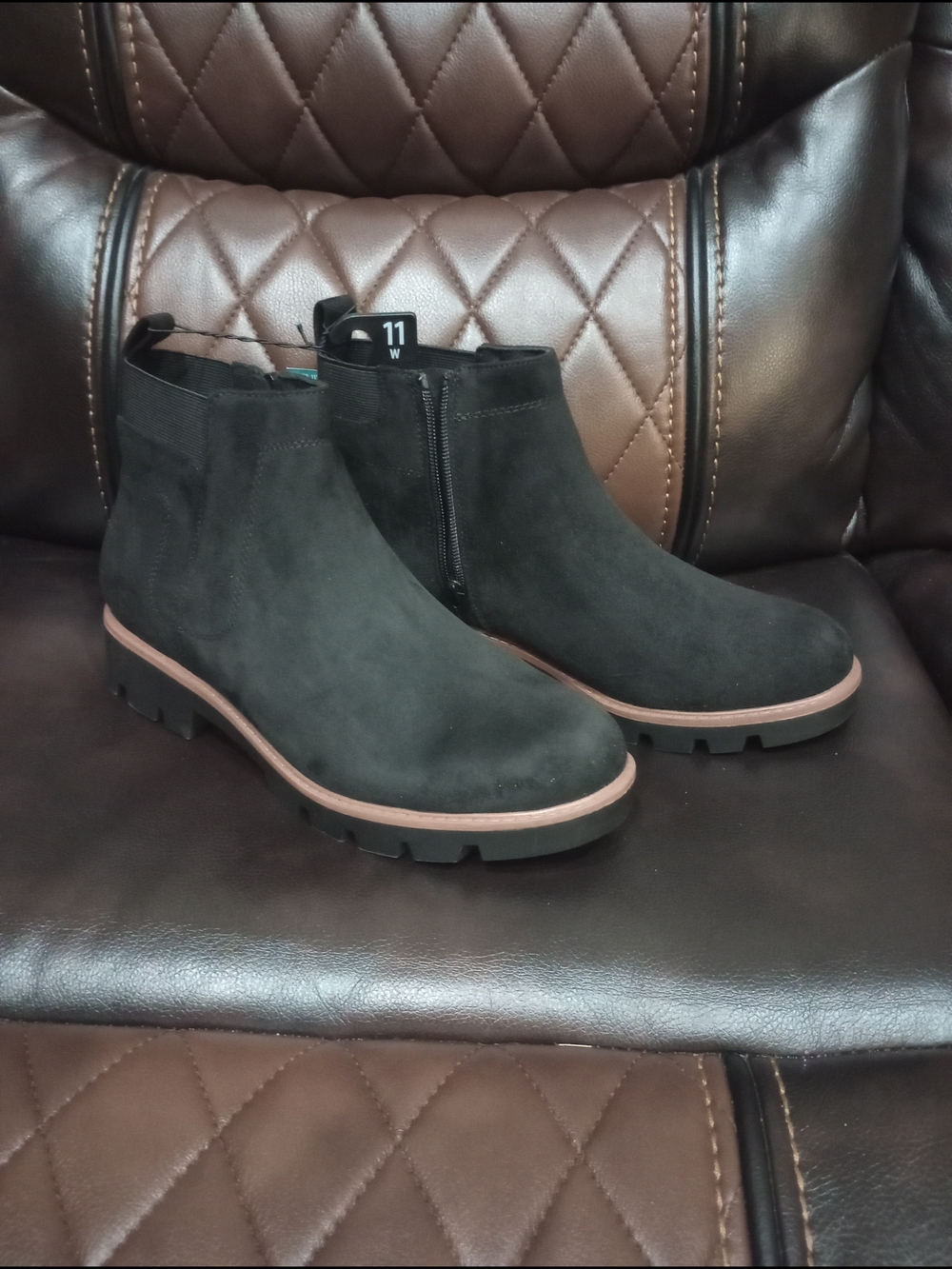 Mountain Sole Black Suede Ankle Boots with Brown Trim